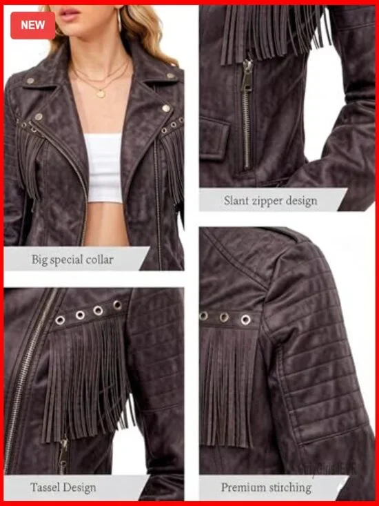 Faux Leather Moto Jacket with Tassel Trim and Adjustable Belt - Picture 6 of 7